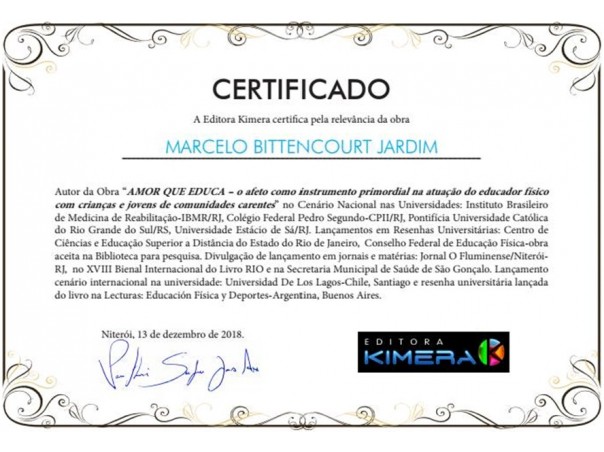 Certificado de publicação da Editora Kimera Publicações