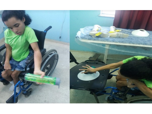 Stimulation of psychomotor elements with affect (patient with cerebral palsy) exercising against resistance, stretching and through visual and manual perception 